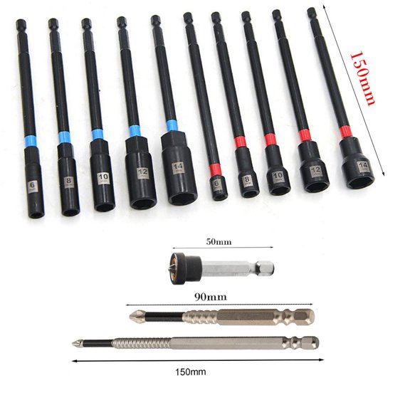 Chrome Vanadium Steel Hex Socket Driver Set, 13pcs 150mm Extension Sleeve Kit with Drill Adapter for Pneumatic Drills, Auto Parts, Motorcycle Repair, and Carpentry Work