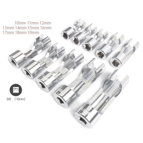 Chrome Vanadium Steel Open Socket Set 10-19mm for Diesel Injector Line Removal, 3/8 Inch Drive Union Nut Wrench for Cars and Trucks, Silver