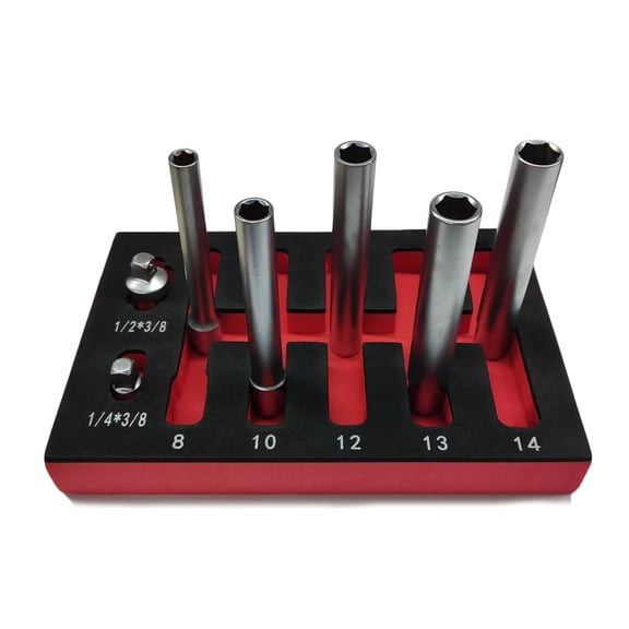 Chrome Vanadium Steel Socket Wrench Head Set for 3/8" Drive – 12-Point Hex Sockets (8/10/12/13/14 mm) + Two Adapters (3/8" to 1/2", 1/4" to 3/8")(hex Head)