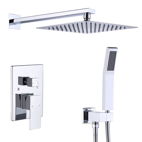 Chrome Wall Mount Shower Faucet Combo Kit, 12 Inch SUS304 Rain Shower System with Solid Brass Mixing Valve & L-Style Handheld Spray