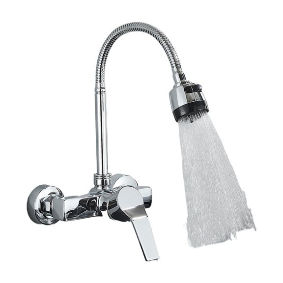 Chrome Wall Mounted Dual Hole Kitchen Faucet, Lead Free Hot Cold Water Mixer Tap, Stream Spray Bubbler 360 Rotation Flexible Pipe ,Leakproof Design