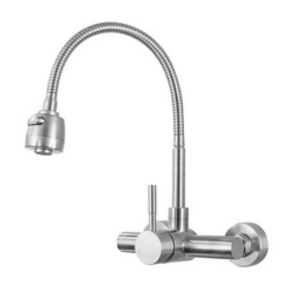 Chrome Wall Mounted Dual Hole Kitchen Faucet, Lead Free Hot Cold Water Mixer Tap, Stream Spray Bubbler 360 Rotation Flexible Pipe ,Leakproof Design
