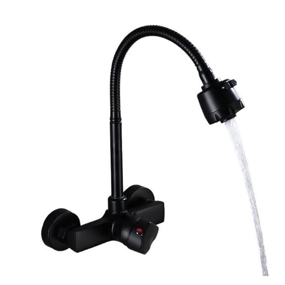 Chrome Wall Mounted Dual Hole Kitchen Faucet, Lead Free Hot Cold Water Mixer Tap, Stream Spray Bubbler 360 Rotation Flexible Pipe