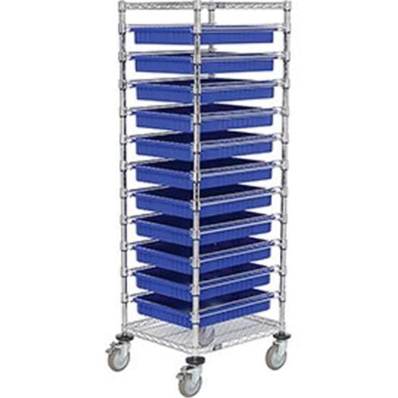 Chrome Wire Cart with 11 Grid Containers Blue - 21 x 24 x 69 in.