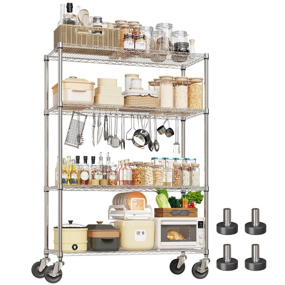 Chrome Wire Shelving Unit 4-Tier Heavy Duty Metal Storage Rack with 4 Inch Wheels 2000 lbs Capacity Mobile Utility Shelf for Kitchen Garage Pantry
