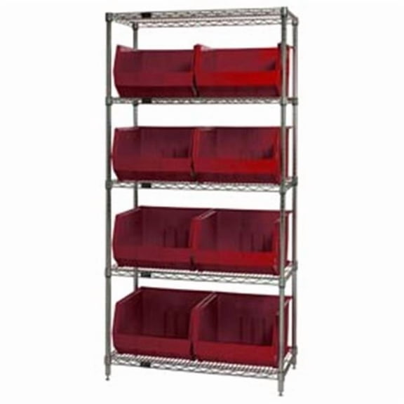 Chrome Wire Shelving with 8 Giant Plastic Stacking Bins - Red - 36 x 18 x 74 in.