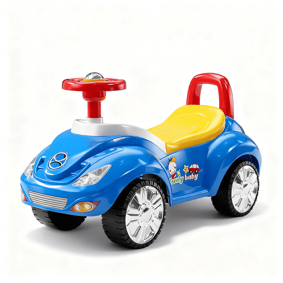 ChromeWheels Ride On Push Car for Toddlers with lights and horn steering wheels, balance bikes with storage space, anti-rollover, Blue