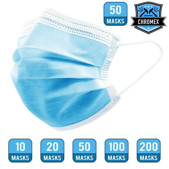 Chromex Ear Loop Style 3 Ply Non Woven Breathable Disposable Face Masks, 50-Pack
