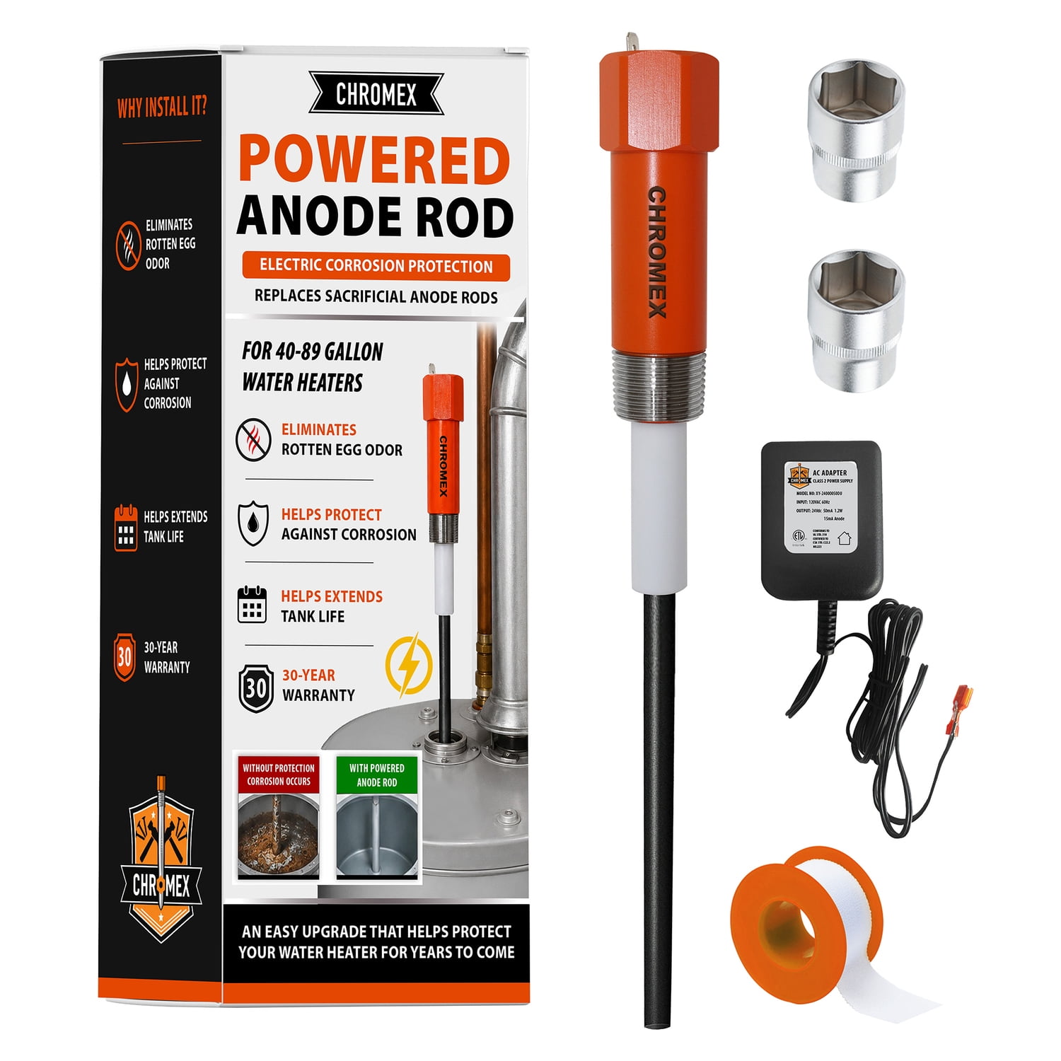 Chromex Powered Titanium Anode Rod for Most 40- to 89-Gallon Water Heaters, Removes Sulfur/Egg Smell, Corrosion, and Scale