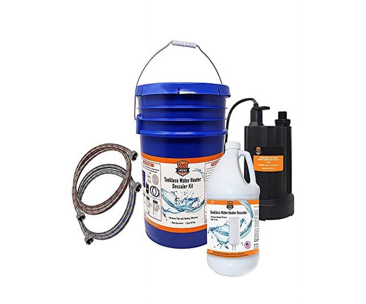 Optimized Item Name  Chromex Tankless Water Heater Descaler Flush Kit with 128 fl oz Solution, 1/6 HP Pump, 5 Gallon Bucket