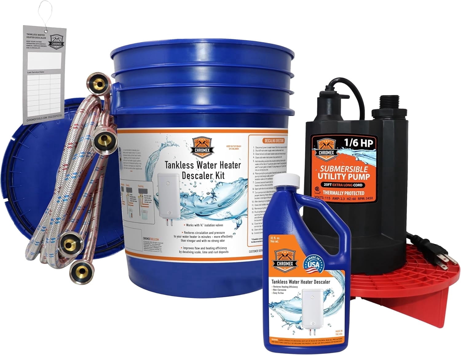 Chromex Tankless Water Heater Flush Kit with Certified Liquid Descaling Solution and 1/6HP Extra Strength Pump