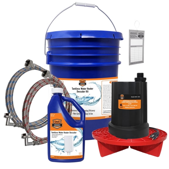 Chromex Tankless Water Heater Flush Kit with Liquid Descaler, Pump, Bucket and Hoses, 6-Piece Maintenance Kit