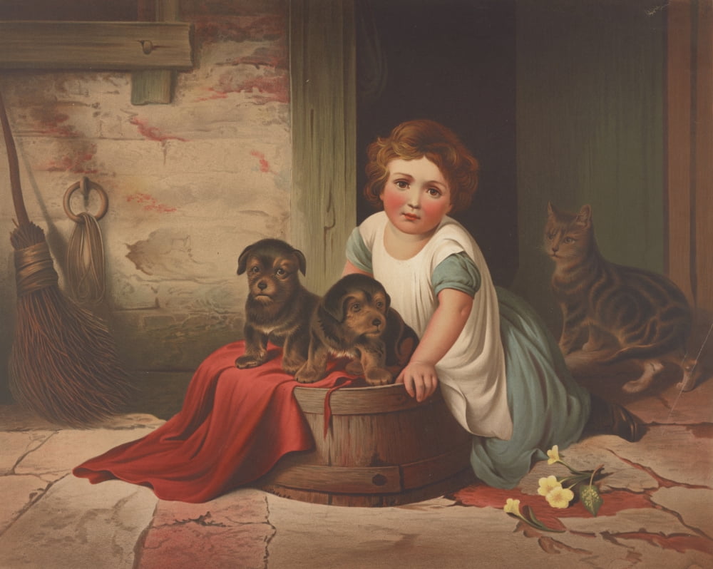 Chromolithograph 1850-80 Girl bathing dogs with cat Canvas Art - JF Queen (24 x 36)