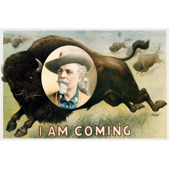 Art.com Chromolithographic print of a herd of buffalo running with a portrait of Buffalo Bill Cody. Art Print by Vernon Lewis Gallery, 18" x 12"