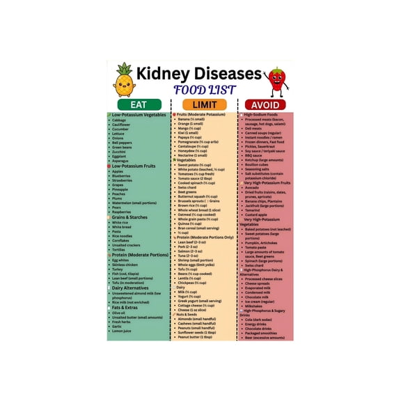 Chronic Kidney Disease CKD Stage 3 4 Food List Poster Renal Diet Guide Meal Planning Chart Low Potassium Sodium Phosphorus Control for Kitchen Clinic Wall Art