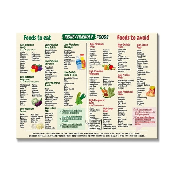 Chronic Kidney Disease Diet Poster Renal Food Chart with Low Potassium Low Phosphorus Foods List Kidney Friendly Grocery Guide for Clinic Kitchen
