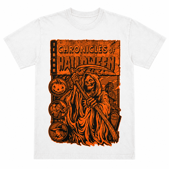 Chronicles of Halloween Grim Reaper Graphic T-Shirt, Vintage Horror Comic Skeleton Tee, Spooky Pumpkin Haunted House Halloween Shirt for Adults