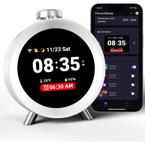 ChronoSense Smart Alarm Clock for Bedroom Temperature Humidity, 7-Day Programmable 4 Alarms, 100dB Loud Gradual Alarm for Heavy Sleeper, Hourly Chime, White Noise Sound Machine, App Control