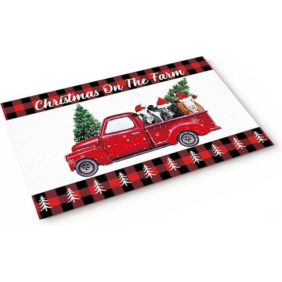 Floor Rug Door Mat Christmas Tree Doormats Rugs for Indoors,Vintage Red Farmhouse Truck Non-Slip Entrance Welcome Door Mats 18"×30"