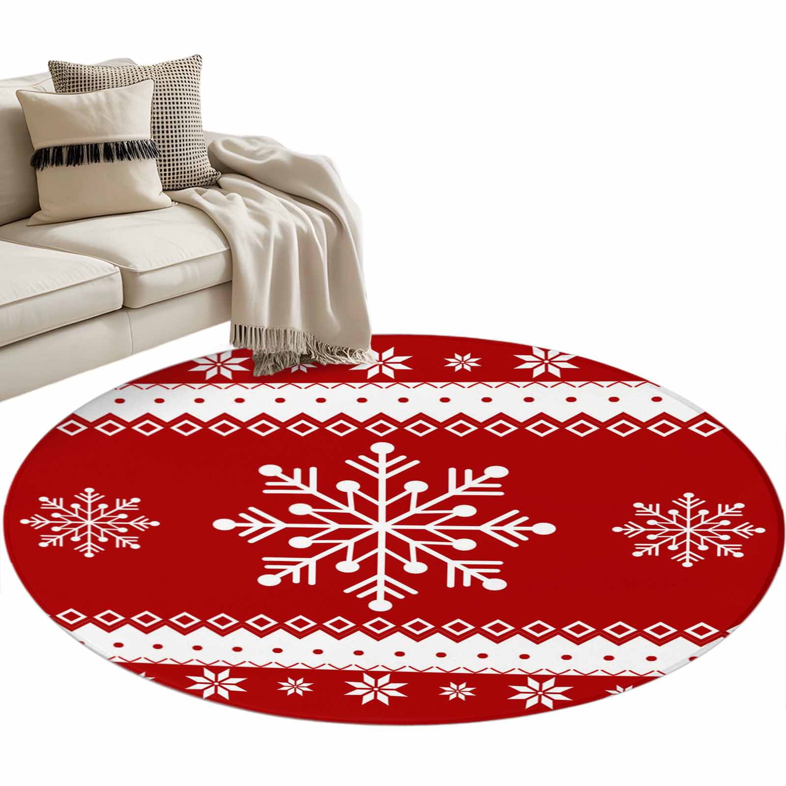 Round Blue Snowflake Rug Chrsitmas Snowflake Round Area Rug 4ft Winter Snow Red Background Non ...