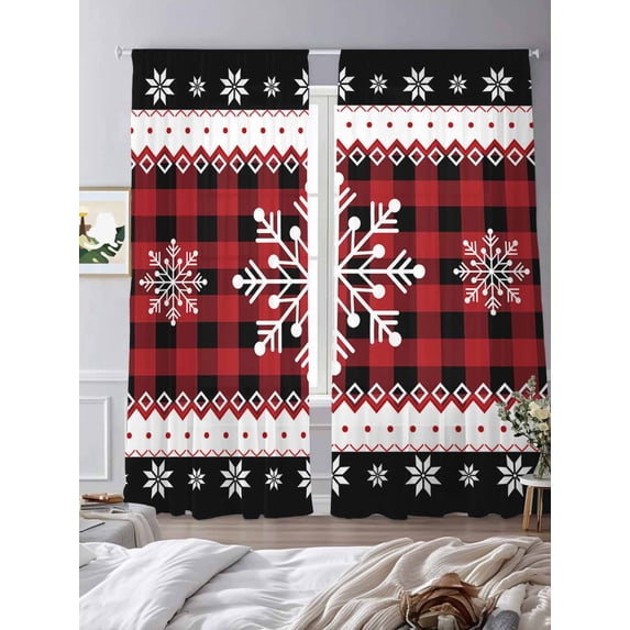 Chrsitmas Snowflake Sheer Curtains 108 inches Long 2 Panels Set Winter Snow Red Plaid Tiers Sheers Rod Pocket Small Window Short Curtains for Kitchen Cafe, Each 52" W x 108" L