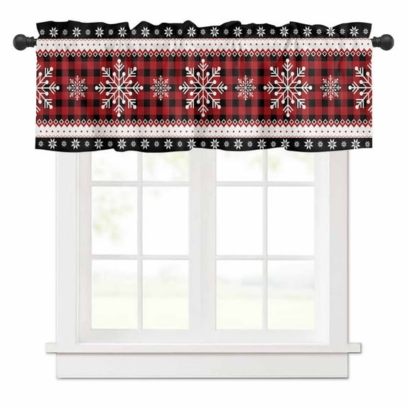 Chrsitmas Snowflake Valances for Windows Winter Snow Red Plaid Rod Pocket Curtain Valance Window Treatment Short Curtains for Kitchen Living Room, 60"x14"