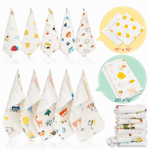 ChrumpTon 10 Pack Muslin Burp Cloths, 2 Sizes (20" x 10" & 10" x 10"), 100% Cotton, 6-Layer, Soft & Absorbent Baby Burp Cloths for Newborns