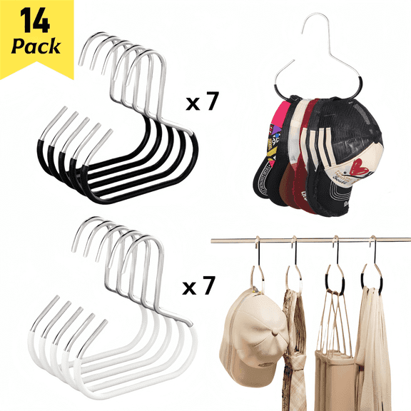 ChrumpTon 14 Pack Hat Hanger for Closet, Hat Organizer for Baseball Caps, Stainless Steel Space-Saving Hat Rack for Caps, Belts, Scarves & Bags, White & Black