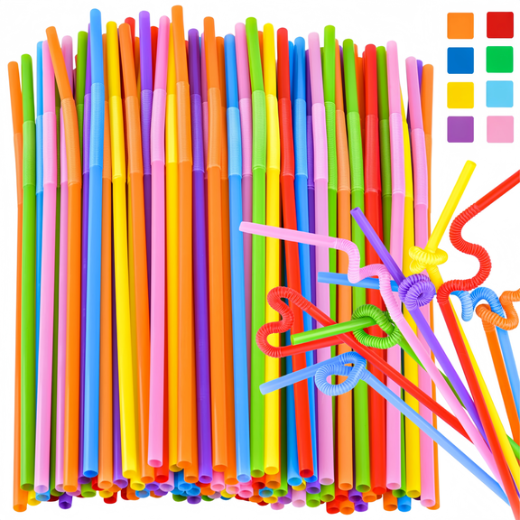 ChrumpTon 300 Pack Bendable Plastic Straws, 10.24" Extra Long Colorful Disposable Drinking Straws, Flexible Bendy Straws for Juice, Smoothies, Milk & Party Drinks