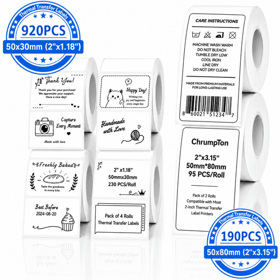 ChrumpTon 6 Rolls Thermal Transfer Labels, 1110 Count Coated Paper Labels, 2" x 1" & 2" x 3.15" Self Adhesive Barcode Labels for Shipping, Inventory, Product & Address Labeling