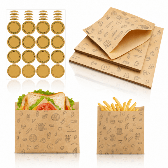 ChrumpTon 80 Pack Grease-Resistant Paper Sandwich Bags with Seal Stickers, 2 Sizes Kraft Snack Bags for Sandwiches, Cookies, Donuts & Bagels, Recyclable Packaging Bags for Bakery and Lunch Packing
