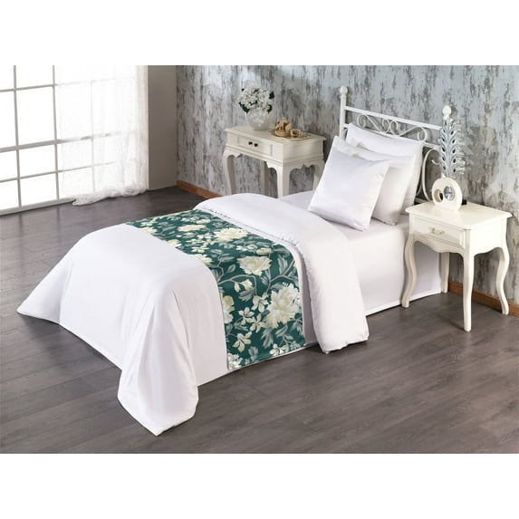 Chrysanthemum Bed Runner, Dreamy Composition of Fantasy Jungle Leafy Branches with Flowers Art, Decorative Accent Bedding Scarf for Hotels Homes & Guest Rooms, Twin, Cream Laurel Green, by Ambesonne