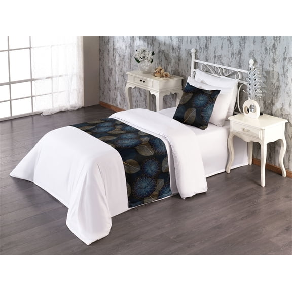 Chrysanthemum Bed Runner Set, Freehand Style Illustration of Botanical Flowers with Leaves Print, Decorative Bedding Scarf & a Pillow Sham for Hotels Homes, Twin, Dark Indigo and Amber, by Ambesonne