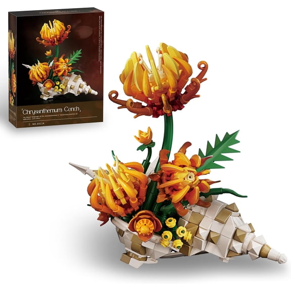 Chrysanthemum Building Set, MOC Chrysanthemum Botanicals & Conch Model Kit for Home Office Decor, Artificial Flower Gift Toy for Woman 14 (585PCS)