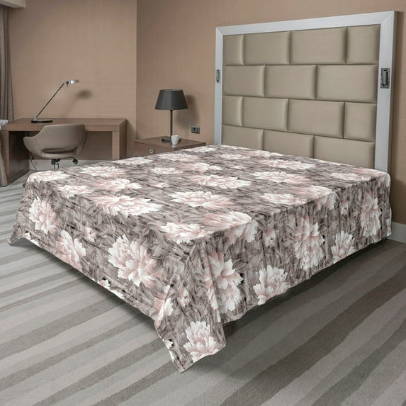 Ambesonne Chrysanthemum Flat Bedding Sheet Soft Top Sheet, Neutral Leaves Boho, Queen, Pale Salmon Taupe Grey