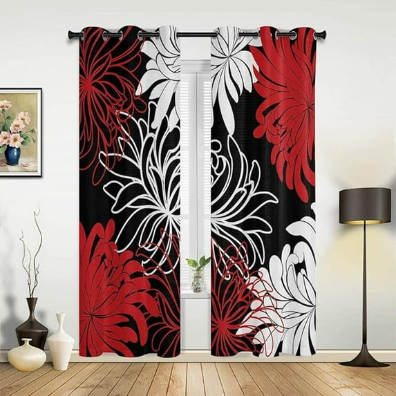 Chrysanthemum Flower Blackout Window Curtain, Red Black White Print Curtain, Window Curtains, Grommet Thermal Insulated Window Curtain For Bedroom Living Room Windows 26"W x 54"L (Pack of 2)