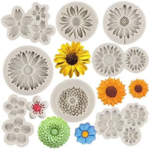Chrysanthemum Flower Silicone Molds Sunflower Fondant Molds Cherry Blossoms Plum Blossoms Mold Small Flower Candy Mold For Cake Decorating Cupcake Topper Candy Chocolate Gum Paste Set Of 8