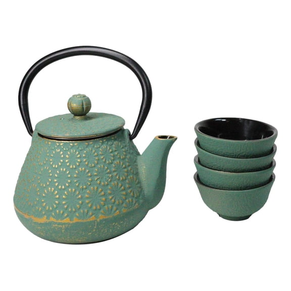 Chrysanthemum Green Gold Petite Cast Iron Teapot 10oz With 4 Mini Tea Cups Set
