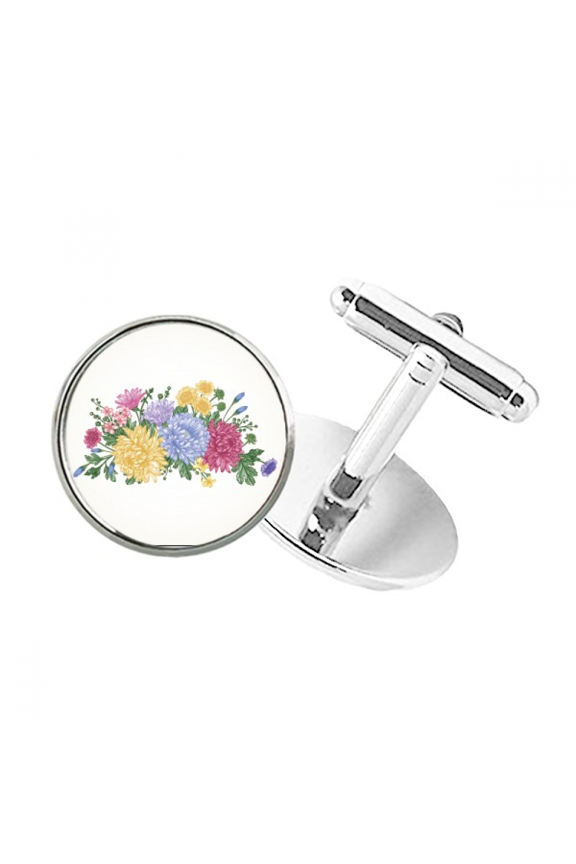 Chrysanthemum Greenery Flower Round Button Cuff Clip Stud Cufflinks