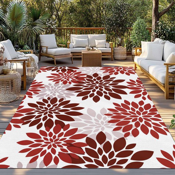 Chrysanthemum Indoor Outdoor Rugs 4x6 Ft, Rustic Floral Red Flower Pointed Radiating Petals Outdoor Patio Rug Mat Washable Outside Area Rugs Carpet for Porch Deck RV Camping Pool Balcony Backyard
