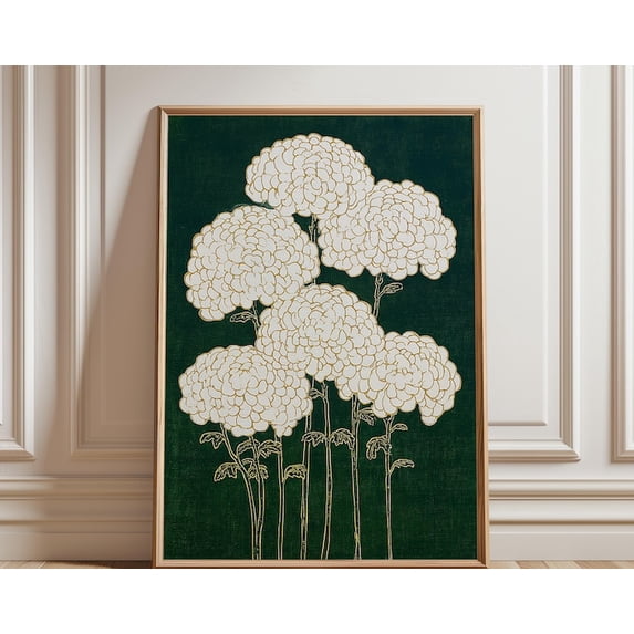 Chrysanthemum Minimal Japanese Style Cream Green Wall Art, Unframed ...