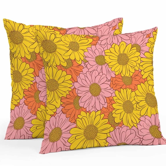 Chrysanthemum Outdoor Pillow Covers Pack of 2 Yellow Pink Orange Flowers Hand Drawn Lines Waterproof Throw Pillow Covers Decorative Cushion Cases for Patio Garden Tent Balcony Couch 20x20 inch