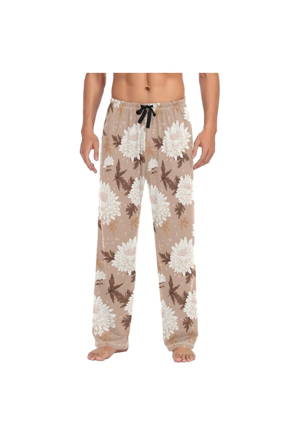 Chrysanthemum Pattern on Beige Background Mens Pajama Pant Sleep and Lounge Bottons with Pockets