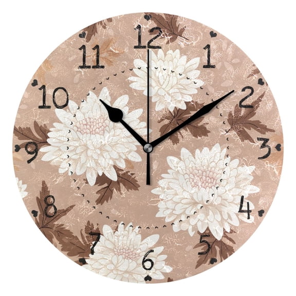 Chrysanthemum Pattern on Beige Background Round Wall Clock Silent Battery Operated Home Decor for Living Room Bedroom