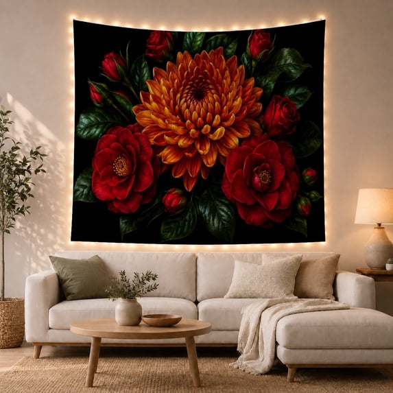 Chrysanthemum with Red Blooms on Black Background, Dramatic Vintage Style for Flower Lovers, Botanical Wall Art, Housewarming Gift, Tapestry Wall Hanging for Living Room and Dorm