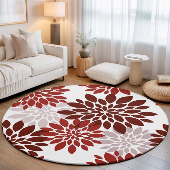 Chrysanthemum Round Area Rugs 3 ft, Rustic Floral Red Flower Pointed Radiating Petals Washable Small Area Rug with Non-Slip Sturdy Edge Binding Round Front Door Mat Floor Carpet for Entryway