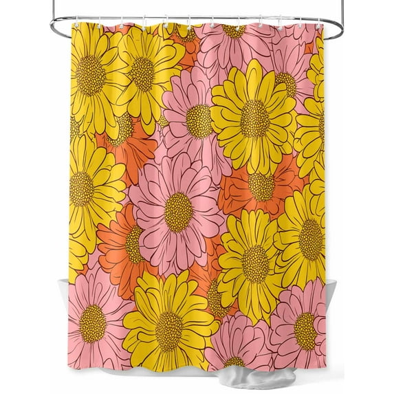 Chrysanthemum Shower Curtain, Yellow Pink Orange Flowers Hand Drawn Lines Waterproof Shower Curtain Set with 12 Hooks Lightweight Washable Fabric Shower Curtains for Bathroom 72x78 Inches