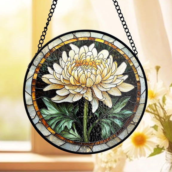 Chrysanthemum Stained Glass Suncatcher, Elegant Bloom Accent, Window Display, Glass Panel, Nature Lovers, Birthday Gift