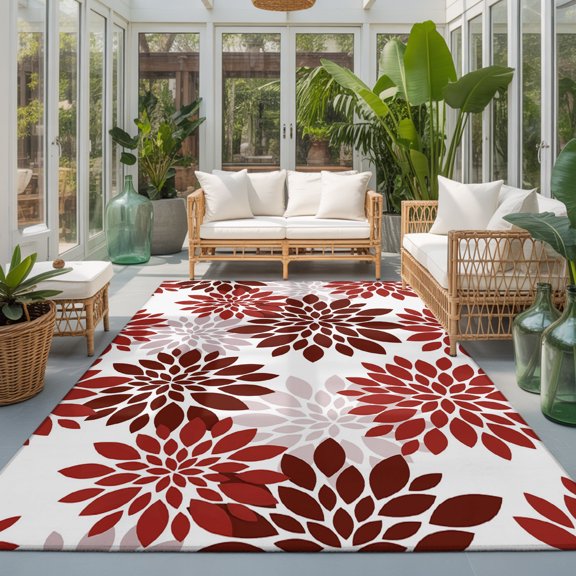 Chrysanthemum Washable Living Room Rugs 9'x12', Rustic Floral Red Flower Pointed Radiating Petals Washable Throw Large Area Rug Non-Slip Sturdy Edge Binding Carpet for Bedroom Dining Room Office