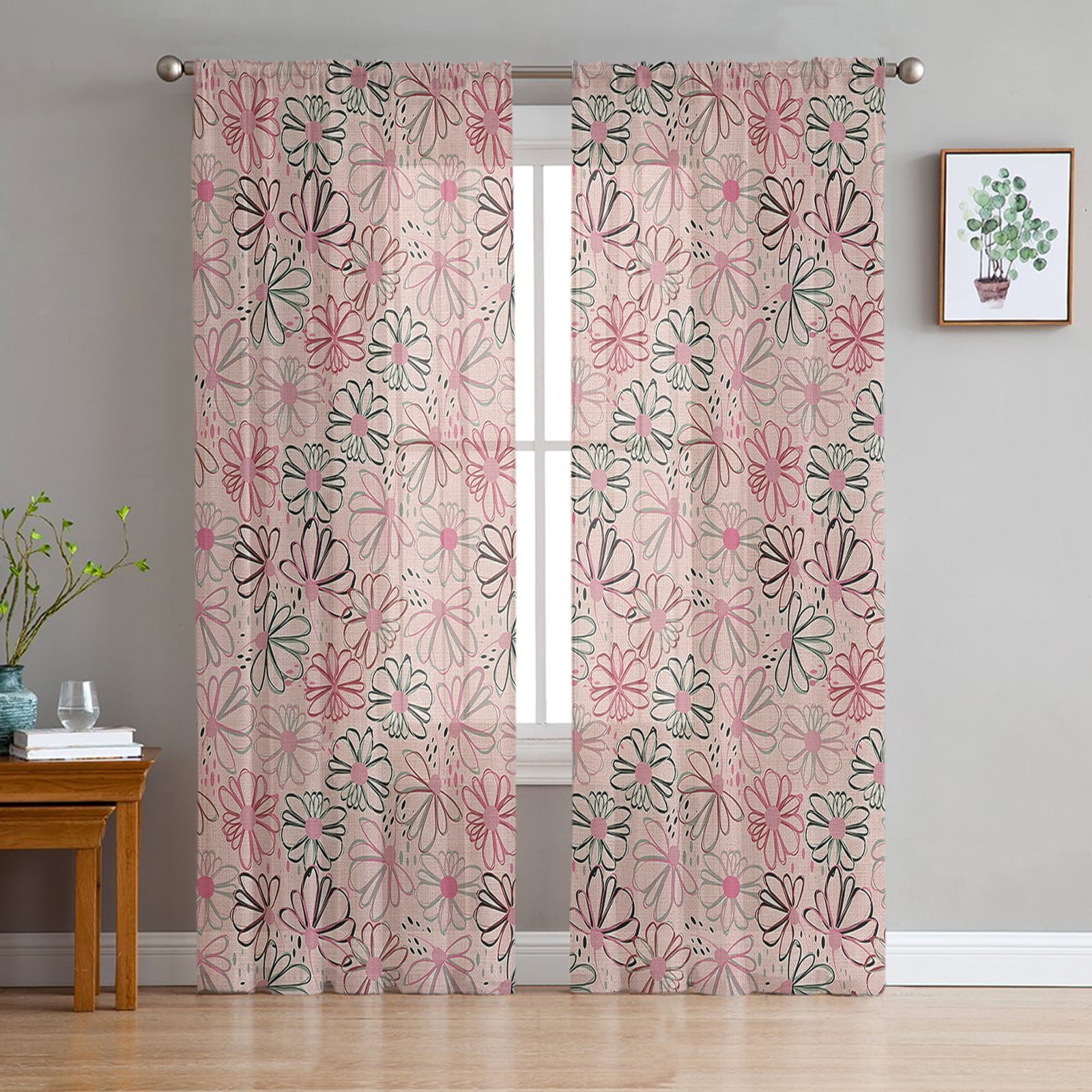 Chrysanthemum Watercolor Flowers Minimalist Texture Tulle Curtains ...